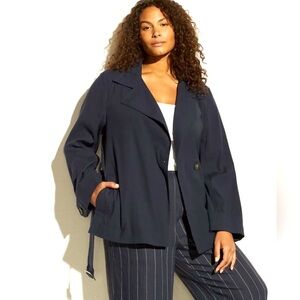 VINCE Linen Blend Navy Blue TRENCH COAT Belted Jacket RELAXED Belted women’s 2XL